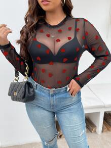 Celure Plus Heart Mesh Top Without Bra - Red - View 3