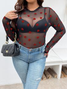 Celure Plus Heart Mesh Top Without Bra - Red - View 4