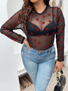 Celure Plus Heart Mesh Top Without Bra - Red - View 6