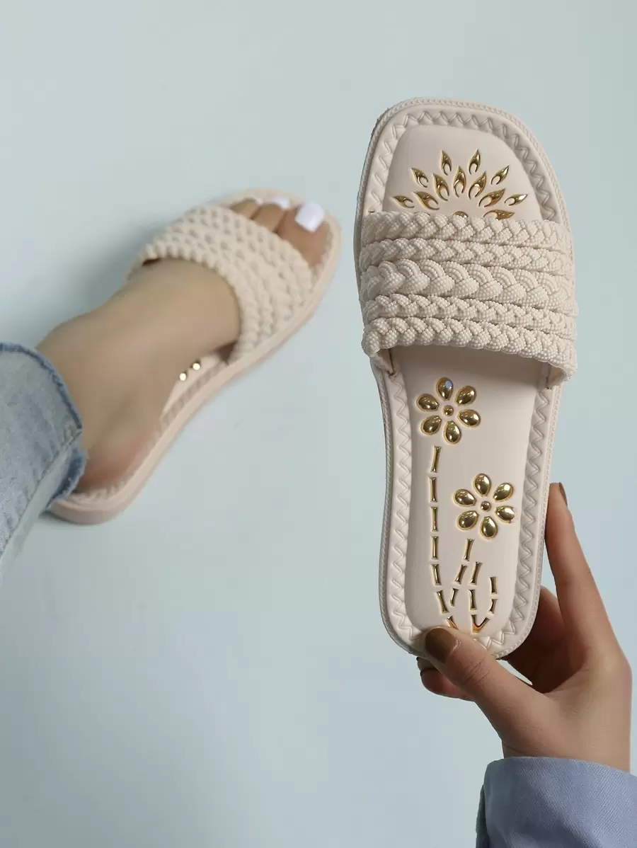 Dép lê đế bằng bằng nhựa mùa hè dành cho nữ, họa tiết hoa dệt và lá vàng, đơn giản và thời trang, phù hợp với trang phục đi biển. - Màu be - Xem 1