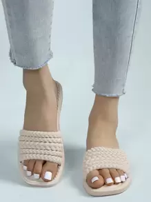 Dép lê đế bằng bằng nhựa mùa hè dành cho nữ, họa tiết hoa dệt và lá vàng, đơn giản và thời trang, phù hợp với trang phục đi biển. - Màu be - Xem 5