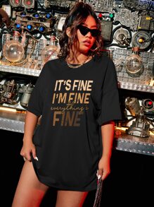 Flirla Camiseta holgada con gráfico eslogan de talla grande - Negro - Ver 4