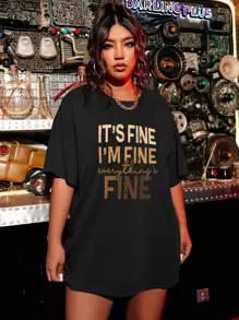 Flirla Camiseta holgada con gráfico eslogan de talla grande - Negro - Ver 1