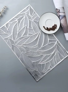 1pc PVC Placemat, Leaf Pattern Hollow Out Rectangle Place Mat For Dining Table - Silver - View 3