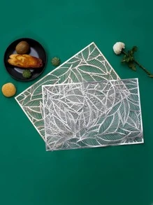 1pc PVC Placemat, Leaf Pattern Hollow Out Rectangle Place Mat For Dining Table - Silver - View 4