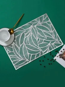 1pc PVC Placemat, Leaf Pattern Hollow Out Rectangle Place Mat For Dining Table - Silver - View 1