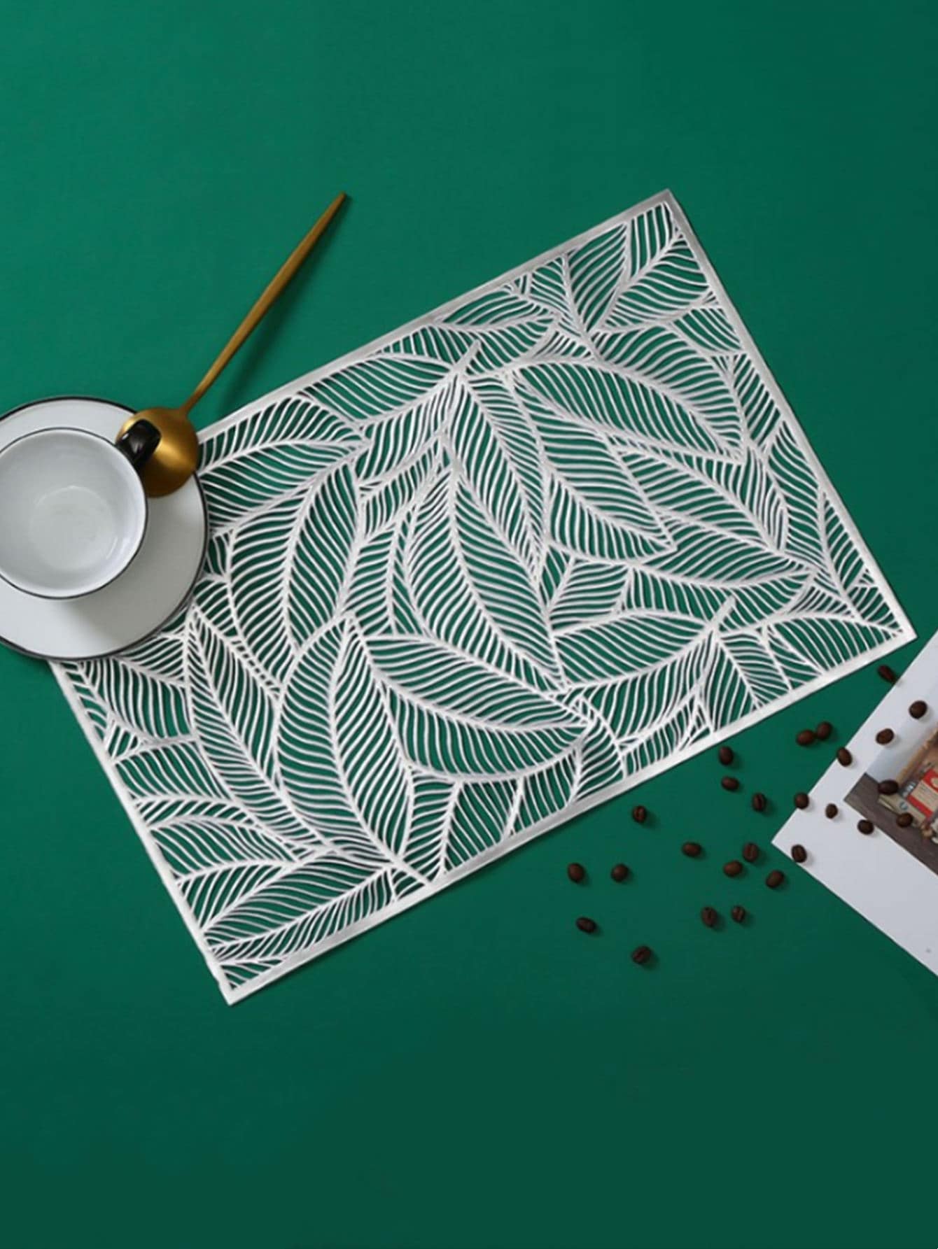1pc PVC Placemat, Leaf Pattern Hollow Out Rectangle Place Mat For Dining Table - Silver - View 1