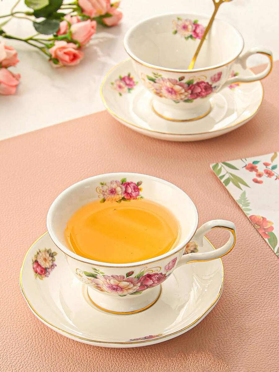 1pc Porcelain Mug With Coaster, Creative Floral Pattern Coffee Mug & Coaster For Dining Table