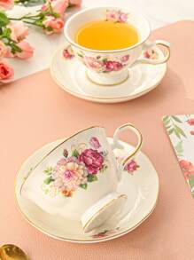 1pc Porcelain Mug With Coaster, Creative Floral Pattern Coffee Mug & Coaster For Dining Table