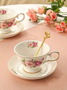 1pc Porcelain Mug With Coaster, Creative Floral Pattern Coffee Mug & Coaster For Dining Table