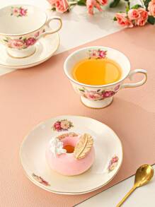 1pc Porcelain Mug With Coaster, Creative Floral Pattern Coffee Mug & Coaster For Dining Table