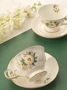 1 Cốc Sứ Có Đế Lót Ly, Họa Tiết Hoa Sáng Tạo Cốc Cà Phê & Đế Lót Ly Cho Bàn Ăn - trắng - Xem 2