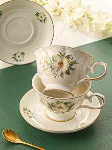 1 Cốc Sứ Có Đế Lót Ly, Họa Tiết Hoa Sáng Tạo Cốc Cà Phê & Đế Lót Ly Cho Bàn Ăn - trắng - Xem 3