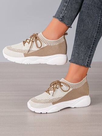 Woman Lace Up Two Tone Stripe Sneakers, Sporty Outdoor Brown Fabric Running Shoes