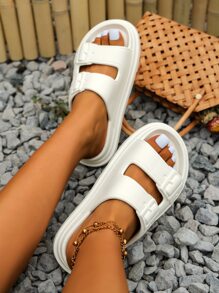Women White Double Strap Slides, Fashionable Open Toe Slides For Daily - White - View 3