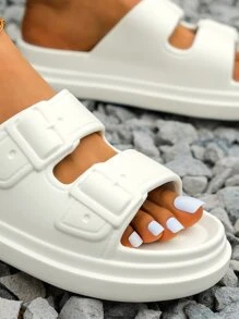 Women White Double Strap Slides, Fashionable Open Toe Slides For Daily - White - View 4