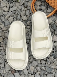 Women White Double Strap Slides, Fashionable Open Toe Slides For Daily - White - View 5