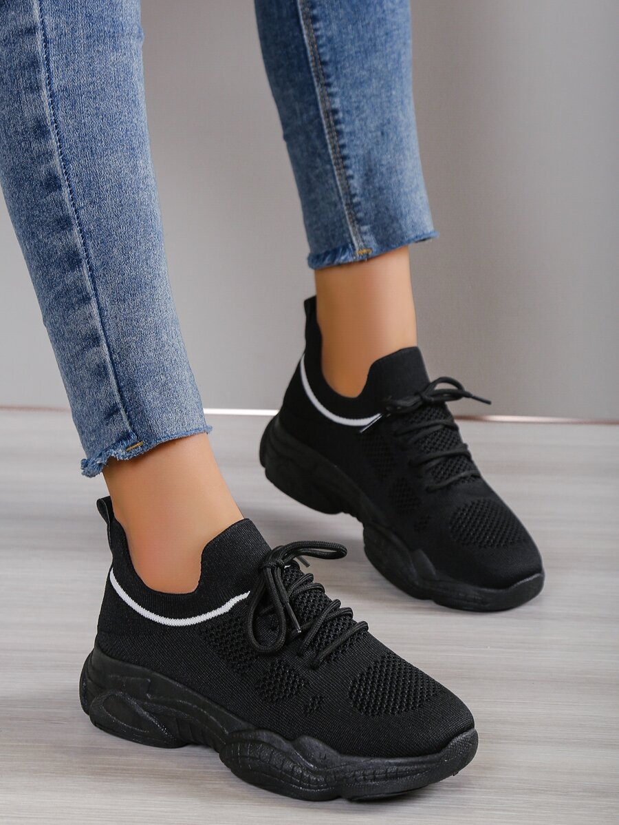 Women Striped Pattern Running Shoes Knit Laceup Front Sports Shoes For