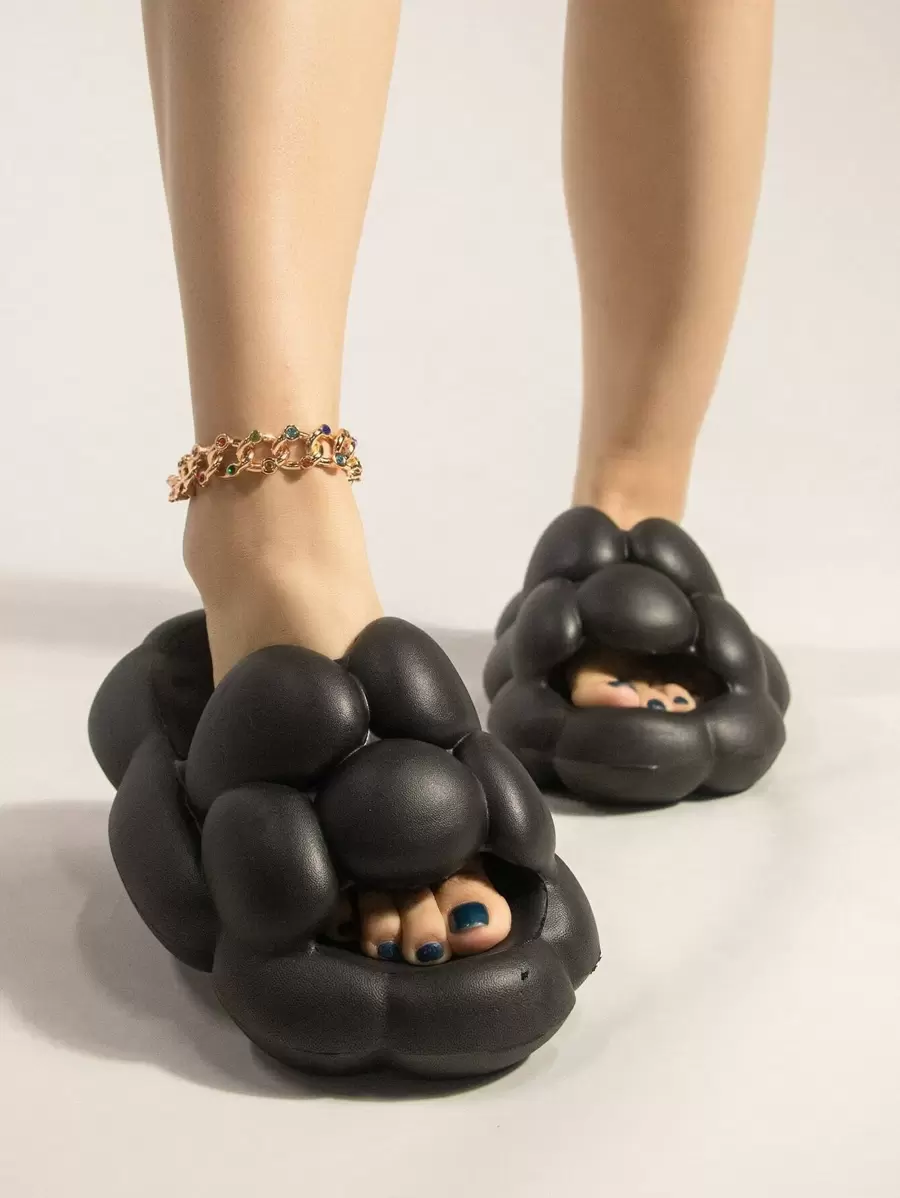 女士防滑雲朵設計拖鞋時尚拖鞋黑色 - 黑色 - 查看 1