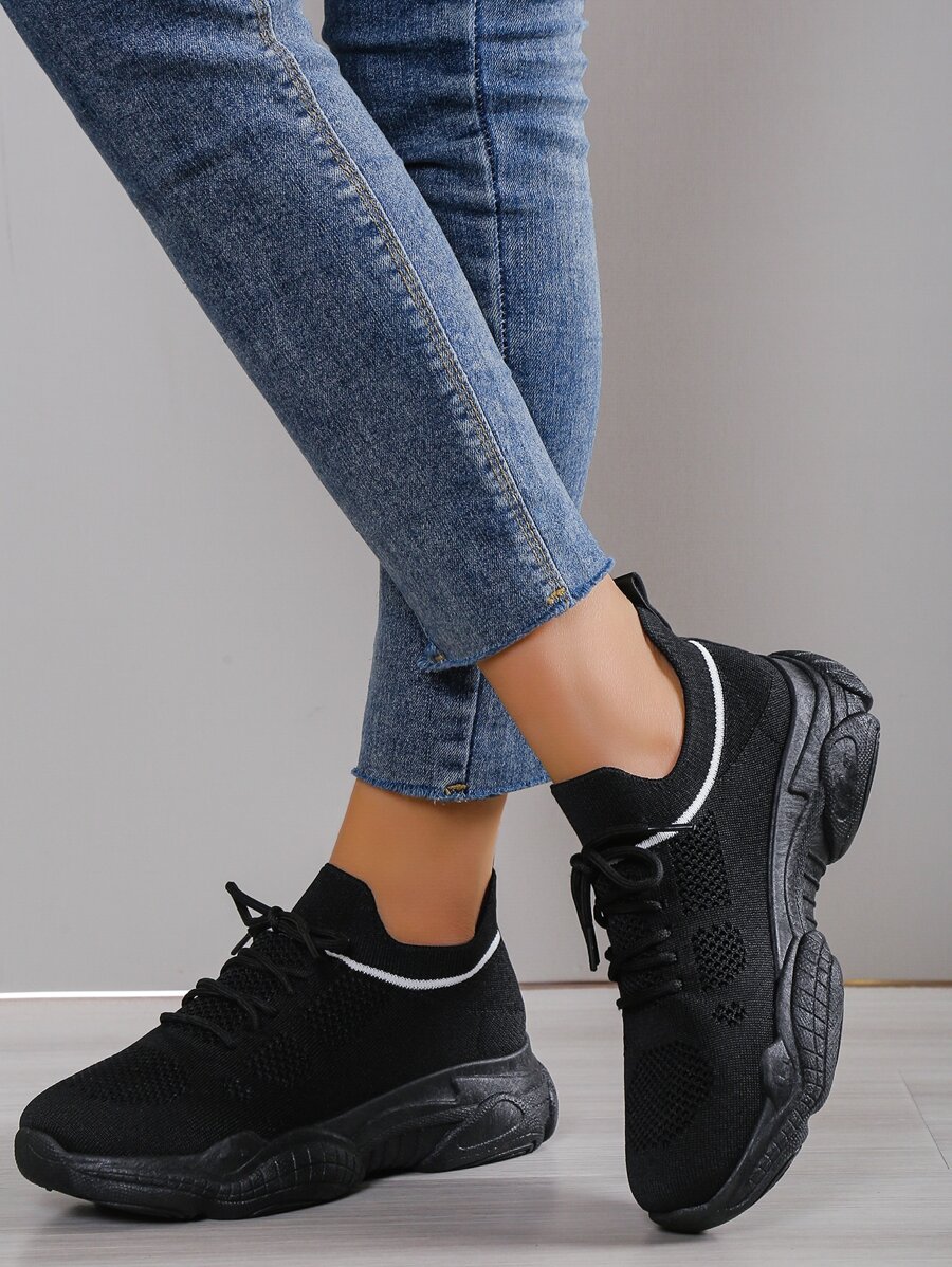 Women Striped Pattern Running Shoes Knit Laceup Front Sports Shoes For