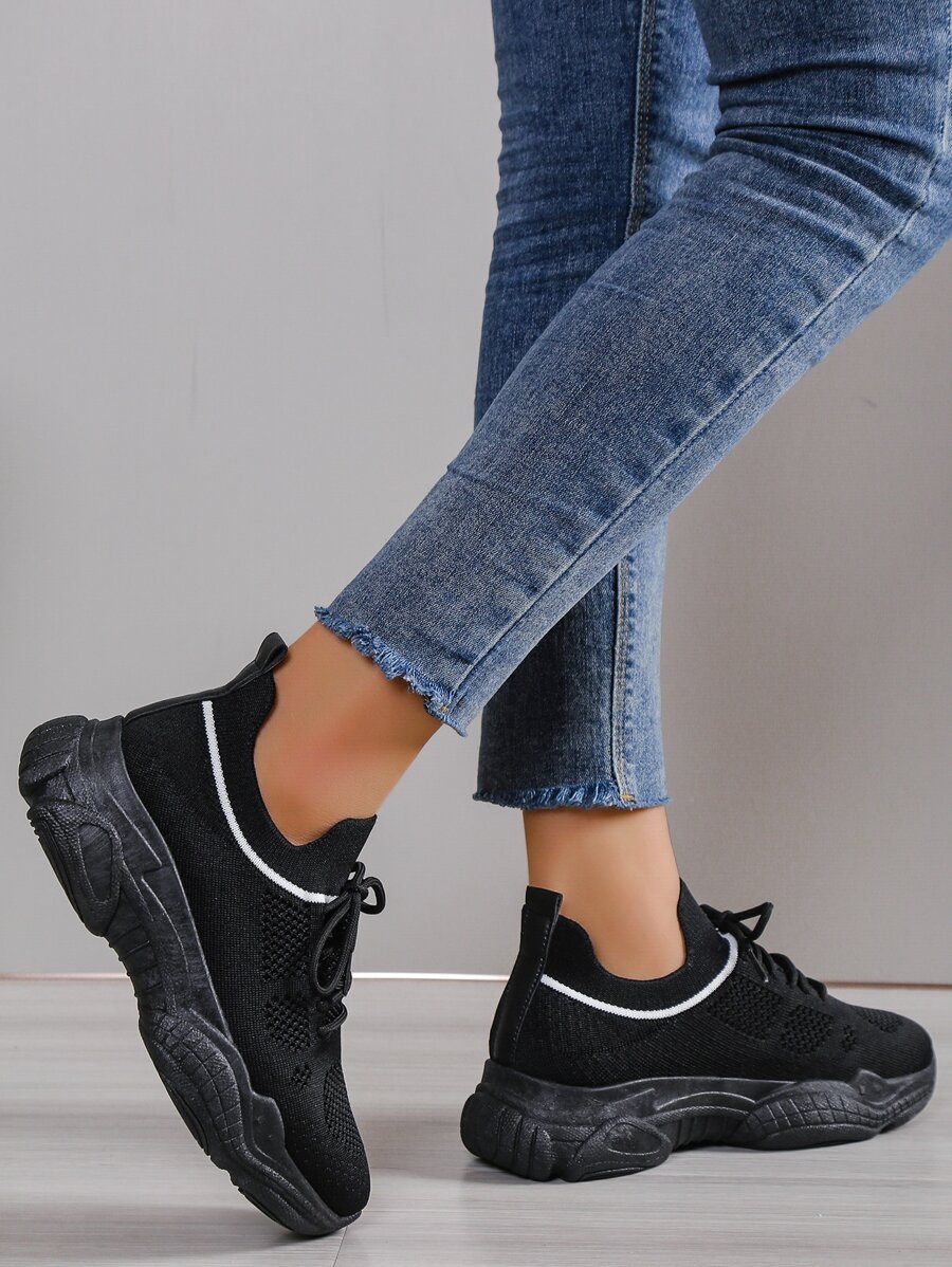 Women Striped Pattern Running Shoes Knit Laceup Front Sports Shoes For