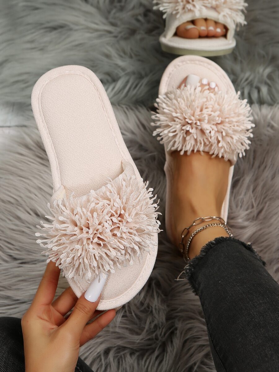 女士貼花裝飾臥室拖鞋帆布時尚拖鞋 - 米色 - 查看 1