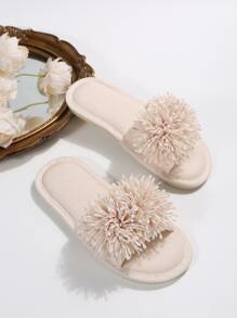 女士貼花裝飾臥室拖鞋帆布時尚拖鞋 - 米色 - 查看 3