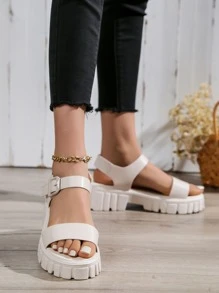 1 Pair Women's Fashion White Sandals With Thick Soles, Minimalist Design For Comfort, Suitable For Summer Daily Wear, Casual And Commuting