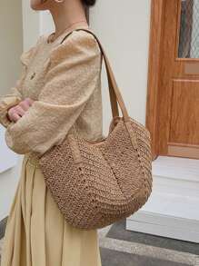 極簡草編包,完美適合夏天海灘旅行度假 - 卡其色 - 查看 1