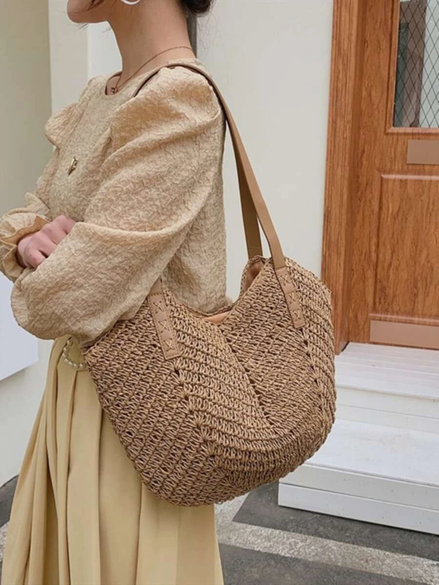 極簡草編包,完美適合夏天海灘旅行度假 - 卡其色 - 查看 1