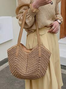 極簡草編包,完美適合夏天海灘旅行度假 - 卡其色 - 查看 2