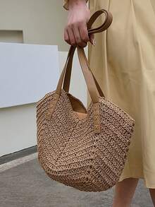 極簡草編包,完美適合夏天海灘旅行度假 - 卡其色 - 查看 5