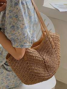 極簡草編包,完美適合夏天海灘旅行度假 - 卡其色 - 查看 6