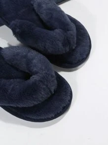 Fall/Winter Women Toe Post Plush Inside Home Slippers, Fashion Blue Bedroom Slippers,Fluffy Slippers - Navy Blue - View 3
