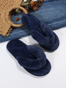 Fall/Winter Women Toe Post Plush Inside Home Slippers, Fashion Blue Bedroom Slippers,Fluffy Slippers - Navy Blue - View 5