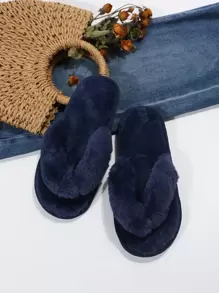 Fall/Winter Women Toe Post Plush Inside Home Slippers, Fashion Blue Bedroom Slippers,Fluffy Slippers - Navy Blue - View 7