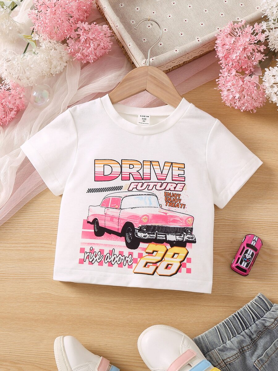 SHEIN 小女童汽車和字母圖案T恤 - 白色 - 查看 1