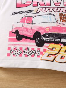 SHEIN 小女童汽車和字母圖案T恤 - 白色 - 查看 4