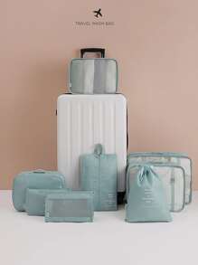 8 piezas Juego de cubos de embalaje de viaje, bolsa de almacenamiento de ropa para maleta, bolsa organizadora portátil de ropa interior, bolsa para zapatos, bolsa de aseo, bolsa unisex para uso diario - Neblina azul - Ver 3