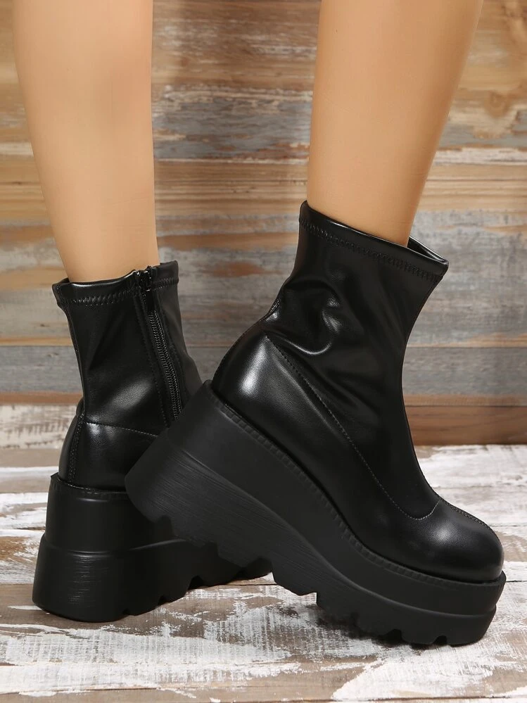 Botas de Cunha Punk Outono/Inverno 2025 para Mulheres, Botas com Zíper Lateral, Combina com Moletons, Botas de Plataforma de Cunha Estilo Punk Preto para Mulheres, Combina com Roupas de Outono - Preto - Visão 2