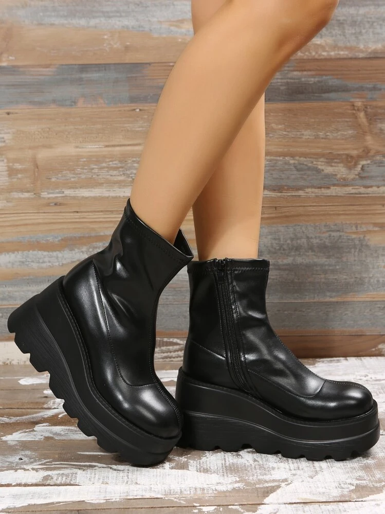Botas de Cunha Punk Outono/Inverno 2025 para Mulheres, Botas com Zíper Lateral, Combina com Moletons, Botas de Plataforma de Cunha Estilo Punk Preto para Mulheres, Combina com Roupas de Outono - Preto - Visão 3