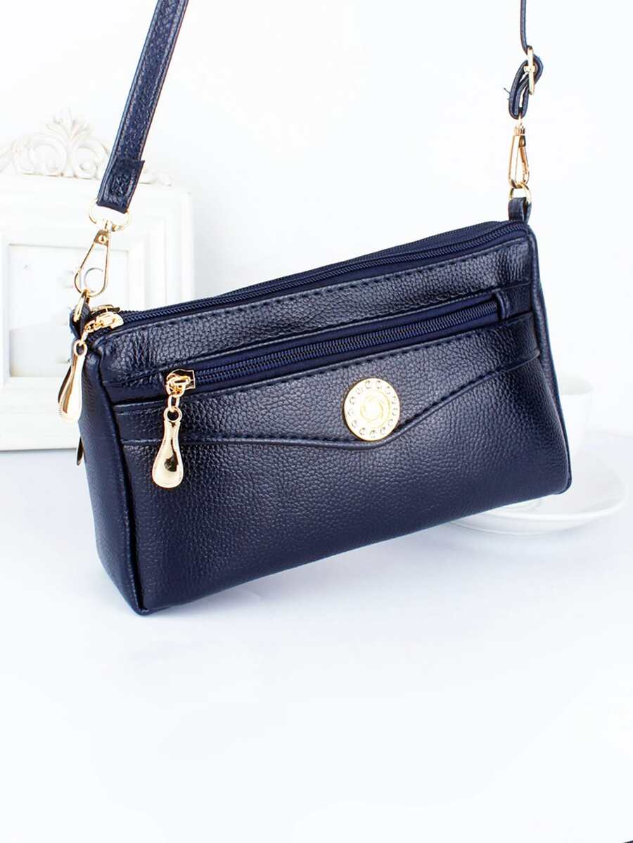 Litchi Embossed Metal Decor Square Bag - Navy Blue - View 1