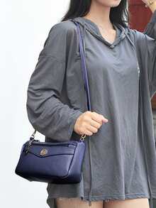 Litchi Embossed Metal Decor Square Bag - Navy Blue - View 5