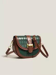 Bolso sillín mini de dos tonos en relieve geométrico con solapa - Verde - Ver 1