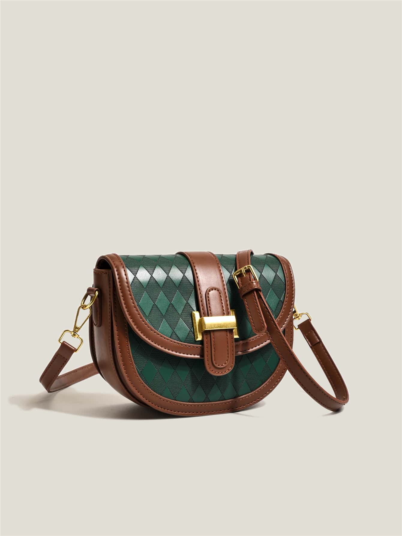 Bolso sillín mini de dos tonos en relieve geométrico con solapa - Verde - Ver 1