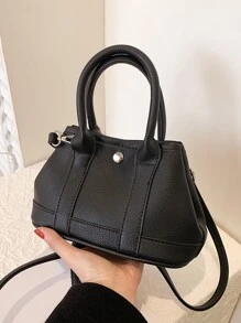 Litchi Embossed Satchel Bag - Black - View 1