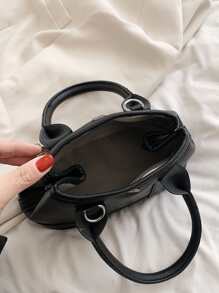 Litchi Embossed Satchel Bag - Black - View 3