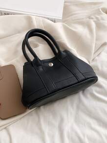 Litchi Embossed Satchel Bag - Black - View 6