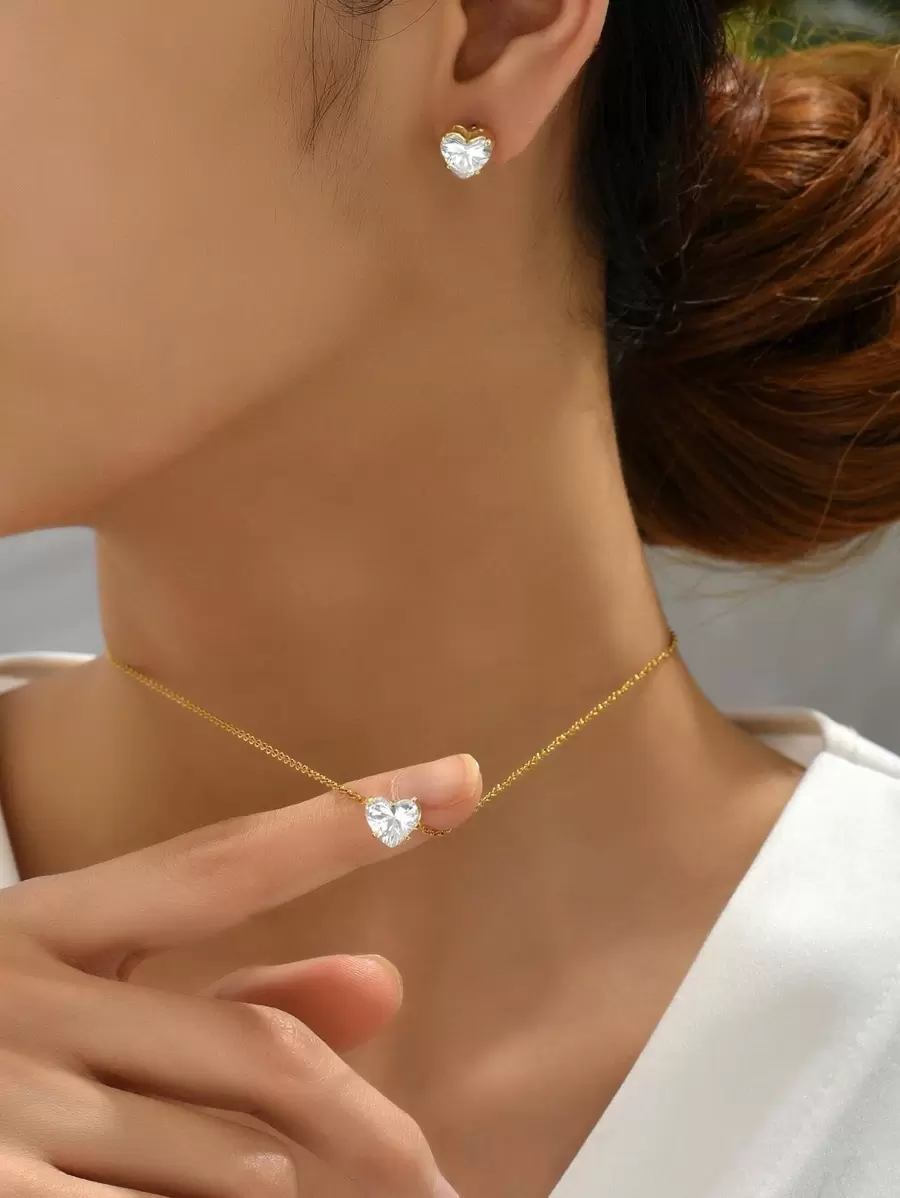 Bộ trang sức trang trí hình trái tim Cubic Zirconia 3 món/bộ Valentine, Mẹ, Mẹ, Ngày của Mẹ, Quà tặng - Vàng - Xem 1
