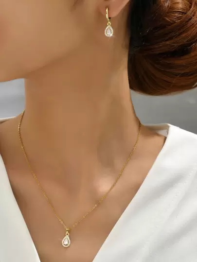3pcs/set Cubic Zirconia Water-drop Decor Jewelry Set